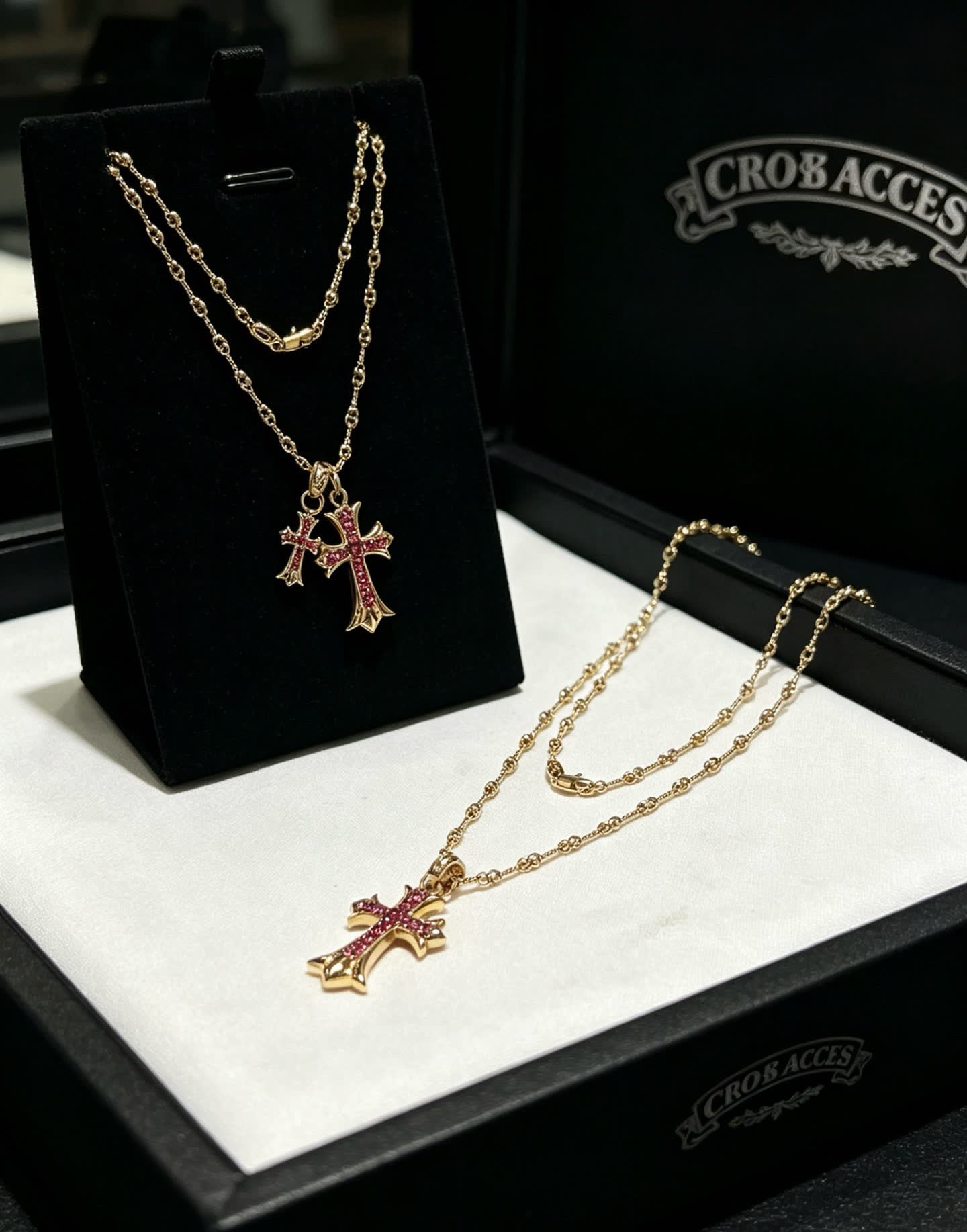Chrome Hearts Gold Plated Cross Pendant with Ruby Stones